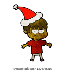 annoyed hand drawn textured cartoon of a boy wearing santa hat