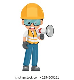 Annoyed industrial construction worker making an announcement with a megaphone. Construction supervisor engineer with personal protective equipment. Industrial safety and occupational health at work