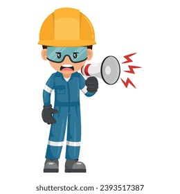 Annoyed industrial mechanic worker making an announcement with a megaphone. Supervisor engineer with his coverall and personal protective equipment. Industrial safety and occupational health at work