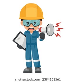 Annoyed industrial mechanic worker with notepad for project evaluation with thumb up. Supervisor engineer with personal protective equipment. Industrial safety and occupational health at work