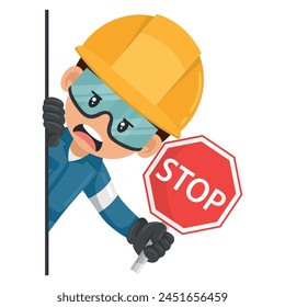 Annoyed industrial mechanical worker peeking out from behind a wall holding stop sign. Construction worker with his personal protective equipment. Industrial safety and occupational health at work