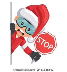 Annoyed industrial mechanical worker with Santa Claus hat peeking out from behind a wall holding stop sign. Merry christmas. Industrial safety and occupational health at work