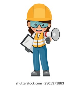 Annoyed industrial woman worker making an announcement with a megaphone with notepad. Supervising engineer with personal protective equipment. Industrial safety and occupational health at work