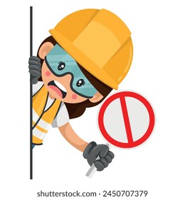 Annoyed industrial worker woman peeking out from behind a wall with prohibited sign. Construction worker with his personal protective equipment. Industrial safety and occupational health at work