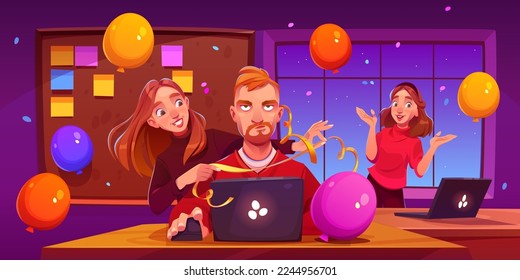 Annoyed man with angry face working on laptop. Happy female colleagues having fun at birthday surprise party in office decorated with colorful balloons. Holiday depression. Cartoon vector illustration