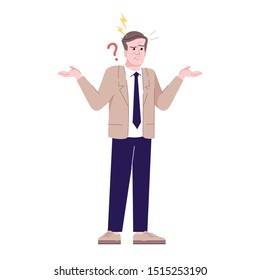 Annoyed man flat vector illustration. Negative human emotions facial expression. Confused, frustrated guy. Angry and puzzled worker isolated cartoon character with outline elements on white background