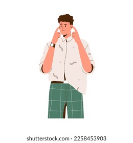 Annoyed man plugging ears with fingers, closing, covering from loud noise. Irritated person don't want to listen unpleasant sounds. Flat graphic vector illustration isolated on white background.