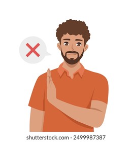 Annoyed man says no makes stop gesture. Flat vector illustration isolated on white background