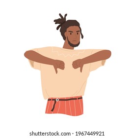 Annoyed man showing his negative attitude with thumb down gesture. Mute feedback with dislike sign. Non-verbal communication. Colored flat vector illustration isolated on white background