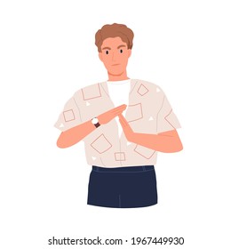 Annoyed man showing pause sign or break time signal with hands. Non-verbal communication. Person indicating timeout and deadline. Colored flat vector illustration isolated on white background