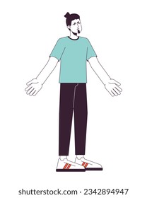 Annoyed man throwing up hands flat line color vector character. Editable outline full body person on white. Clueless bearded man shrugging simple cartoon spot illustration for web graphic design