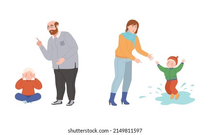 Annoyed Mother and Father Scolding Kid for Disobedience and Bad Behavior Vector Illustration Set