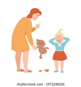 Annoyed Mother Scolding Her Daughter for Ripped Teddy Bear Vector Illustration