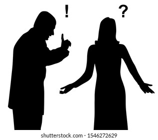 Annoyed outraged man yelling and blaming a puzzled confused woman who is spreading her hands in gesture of asking question why. Misunderstanding  in relationship. Man shouting and threatening woman.