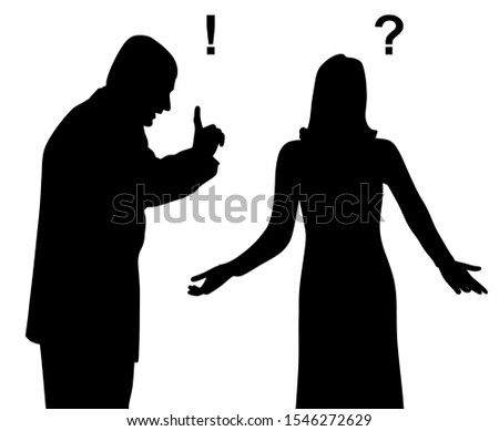 Annoyed outraged man yelling and blaming a puzzled confused woman who is spreading her hands in gesture of asking question why. Misunderstanding  in relationship. Man shouting and threatening woman.