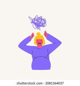 Annoyed pregnant woman screams, a tangle of thoughts over her head. Problems associated with expecting a baby. Vector cartoon illustration of purple, yellow, pink colors.