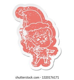 annoyed quirky cartoon distressed sticker of a vampire girl wearing santa hat