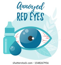 Annoyed Red Eyes. Eye Drops Bottle. Eyedropper. Eye Health Vector Flat Concept.