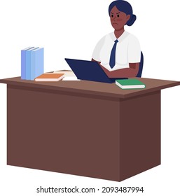 Annoyed secretary sitting at table semi flat color vector character. Full body person on white. Gloomy mood isolated modern cartoon style illustration for graphic design and animation