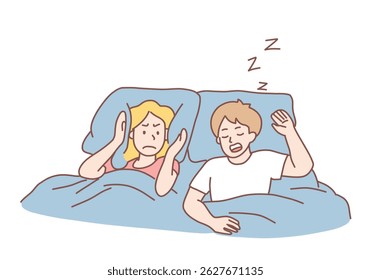 Annoyed stressed young woman suffering from insomnia because of snoring man in bed and covering ears with pillow. Snoring, insomnia, bad sleep concept. Hand drawn style vector design illustrations.
