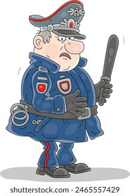 Annoyed and suspicious cop with his baton while patrolling on a street, vector cartoon illustration isolated on a white background