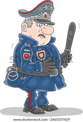 Annoyed and suspicious cop with his baton while patrolling on a street, vector cartoon illustration isolated on a white background