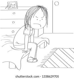 Annoyed and unhappy teenage girl sitting on the bed in her children's room, thinking about the injustice of her adolescent life. Original hand drawn illustration.