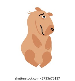 Annoyed upset capybara with pained expression on his muzzle. Worried swamp guinea pig rodent. Tropical swamp animal mammal. Flat cartoon vector isolated on white background