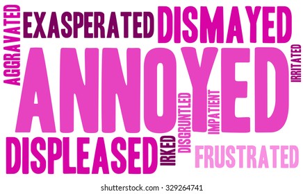 Annoyed word cloud on a white background. 