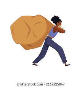 Annoyed young woman carries on back huge heavy bag flat style, vector illustration isolated on white background. Hard burden, difficulties and problems concept