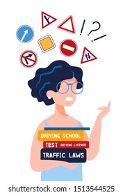 An annoyed young woman who holds driving textbooks is trying to remember traffic signs. Driving school concept, driver's license, traffic rules and tests. Vector flat illustration on white background.
