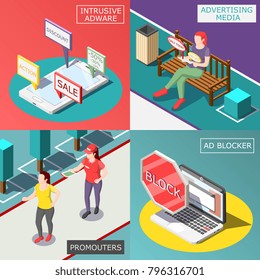 Annoying advertisement isometric design concept with ad media and program, promoters, protected mobile devices isolated vector illustration
