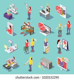 Annoying advertisement on tv, radio, in internet set of isometric icons isolated on turquoise background vector illustration 