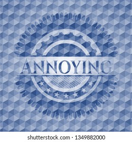 Annoying blue emblem or badge with geometric pattern background.