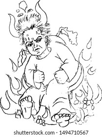 annoying devil sits in the fire pencil drawing