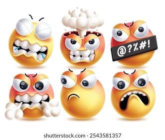 Conjunto de personajes de Vector emoticón emoji molesto. Emojis molestos con expresiones faciales irritantes, explosivas, enojadas, furiosas, locas y dementes. Emoticonos amarillos de carácter en el fondo blanco. Vector 