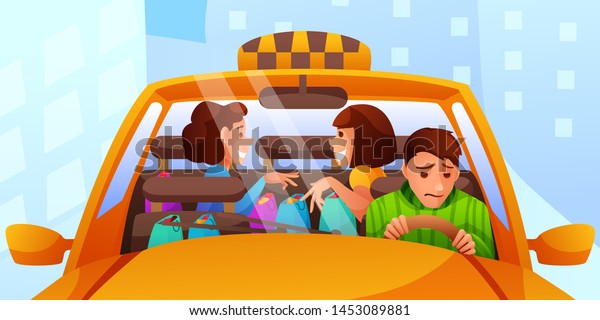 Annoying female taxi passengers flat\
illustration. Sad yellow cab driver with very talkative girls\
cartoon characters. Curious situation. Car sharing, carpooling.\
Taxicab company positive\
clipart