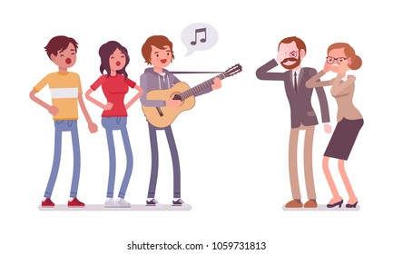 Annoying music conflict. Group of young people with guitar and middle aged people in stress with loud noise, modern singing makes angry and irritate parents. Vector flat style cartoon illustration