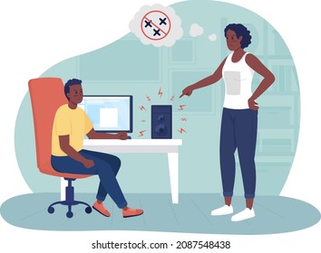 Annoying music playing 2D vector isolated illustration. Angry mother scolding noisy teen flat characters on cartoon background. Parent kid conflict. Disrespectful teenage behavior colourful scene