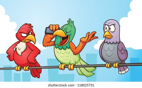 Annoying parrot talking on the phone. Vector illustration with simple gradients. All in a single layer.