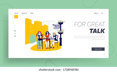 Annoying Talk Landing Page Template. Female Characters Sitting in Cafe Drinking Coffee and Listening Boring Girl Friend. Bored Conversation, Boredom and Irritation. Linear People Vector Illustration