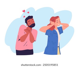 Annoying-husband. Annoyed angry wife covered ears with hands, couple lover relationship problem partner talk girlfriend ignore family disagreement unrequited love vector illustration original artwork