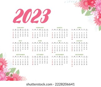 annual 2023 calendar template with floral decoration vector design