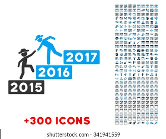 Annual Agent Help vector pictogram with additional 300 date and time management icons. Style is bicolor flat symbols, blue and gray colors, rounded angles, white background.