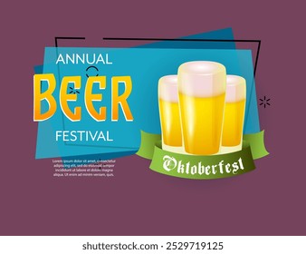 Jährliches Bierfestival-Banner-Design mit Biergläsern und Scroll auf abstraktem Hintergrund. Beschriftungen können für Einladungen, Oktoberfest, Ankündigungen verwendet werden