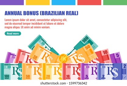 Annual Bonus Gift with Brazilian Real BRL Banknotes money vector template, good for landing page, infographic, web, social media post or other digital and print usage. 