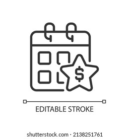 Annual bonus pixel perfect linear icon. Boosting employee engagement. Extra money to regular paycheck. Thin line illustration. Contour symbol. Vector outline drawing. Editable stroke. Arial font used