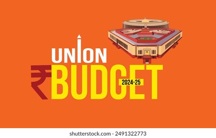 Annual budget typography with Indian parliament building vector illustration, Indian Rupee icon