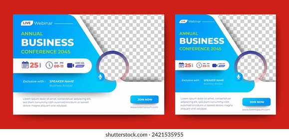 Annual Business Conference live webinar banner invitation and social media post template. Business webinar invitation design.
