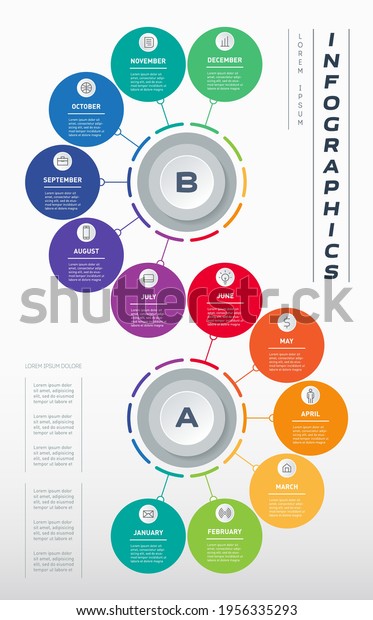 Annual business development plan,\
divided into 2 half-years of 6 months. Layout of the original\
calendar design. Vertical infographic of 12 parts with\
icons.